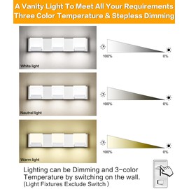 SOLFART 3 Color Temperature Dimmable 3-Light Vanity Lighting Fixtures Bathroom Lights Over Mirror Adjustable Light Color 3000K/ 4500K/ 6000K