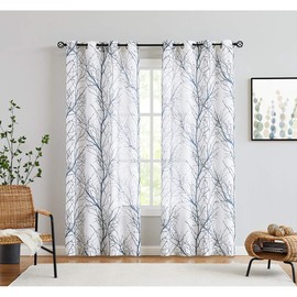 Fmfunctex Blue White Semi-Sheer Curtains for Living Room 120-inches Extra Long Tree Blue and Grey Branch Print Window Curtain Drapes 50" W x 120" L, 2 Panels, Grommet Top