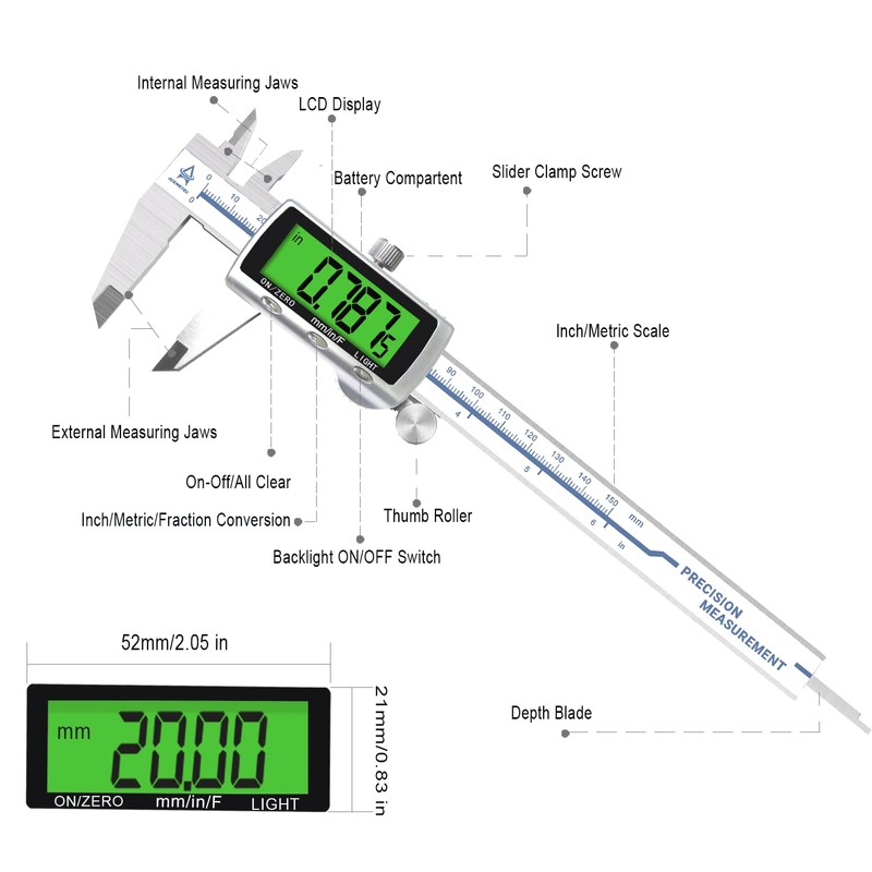 Digital Caliper Electronic Measuring Tool,Digital Vernier Caliper Inch/Millimeter/Fraction Measurement Caliper