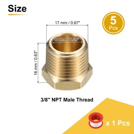 sourcing map 5Pcs Brass Hex Head Plug Compression Cap Fitting Stop Valve Cap, 3/8" NPT Hex Thread Pipe Fitting Flare Cap Tubing Ends Sealing Cap with PTFE Tape for Air Conditioner, Water, Gold