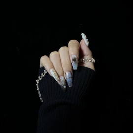 WhyNotNailIt Elegant Pearl and Chrome Handmade False Nails - 10 pc Set with Jelly Gel, Sophisticated Reflective Finish with Luxury Gem Accents, Premium Press-Ons for Timeless Glamour