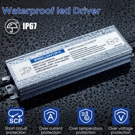 Karyoosi LED Driver 150 Watts Waterproof IP67, 24V DC Power Supply 6.25A, Power Transformer 120V AC to 24V DC Converter, with 3-Prong Plug and 4.9 Feet Cable for Strip Lights Indoor/Outdoor Light
