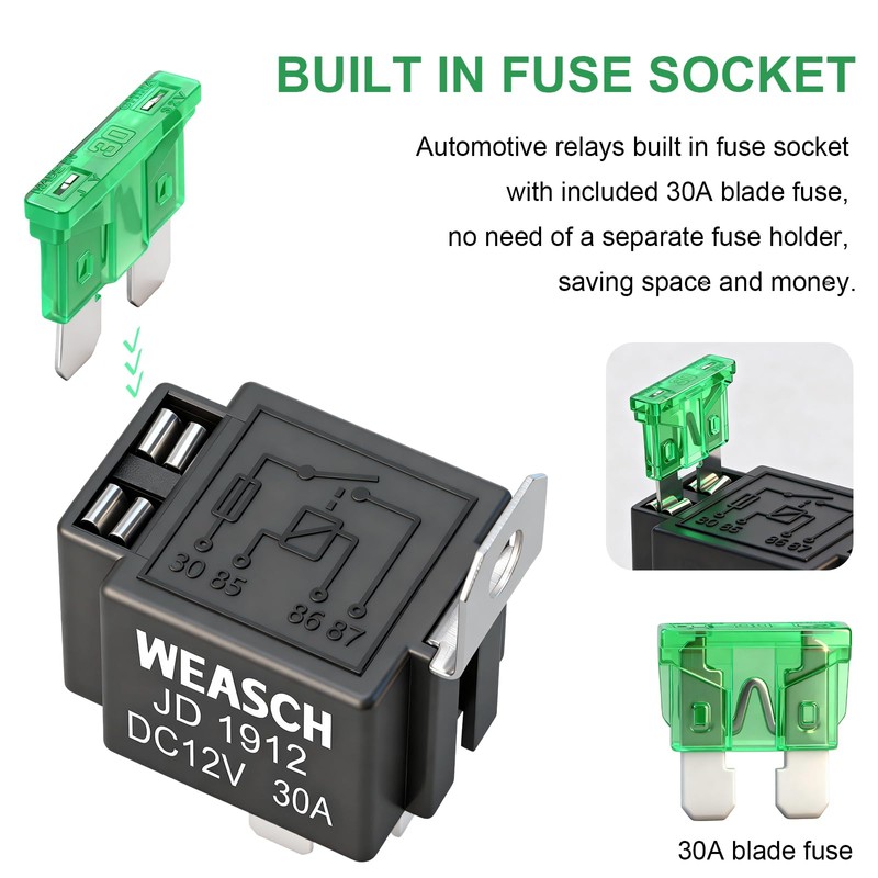 Weasch Fuse Relay Switch Kit, 12V 30A, 4 Pin SPST,