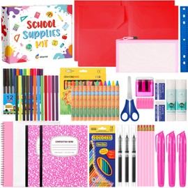 Gilprop 39 Pcs Back to Supplies Essentials Bundle Include Pencils Scissors Ruler Eraser Crayon Sharpener Notebook Pencil Case Folder Notebook(Pink)
