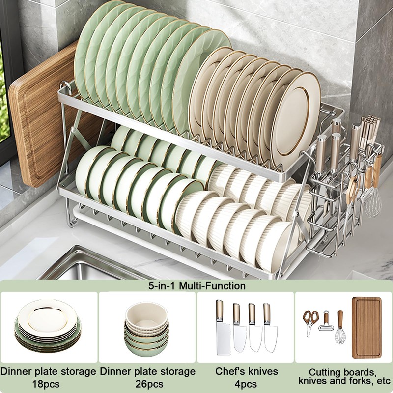 2-Tier 304 Stainless Steel Dish Rack, Foldable Over Sink with