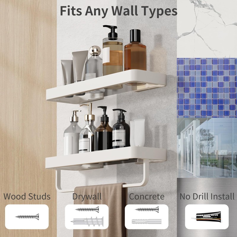 Danpoo 16-Inch White Floating Bathroom Shelves with Towel Bar， Clear