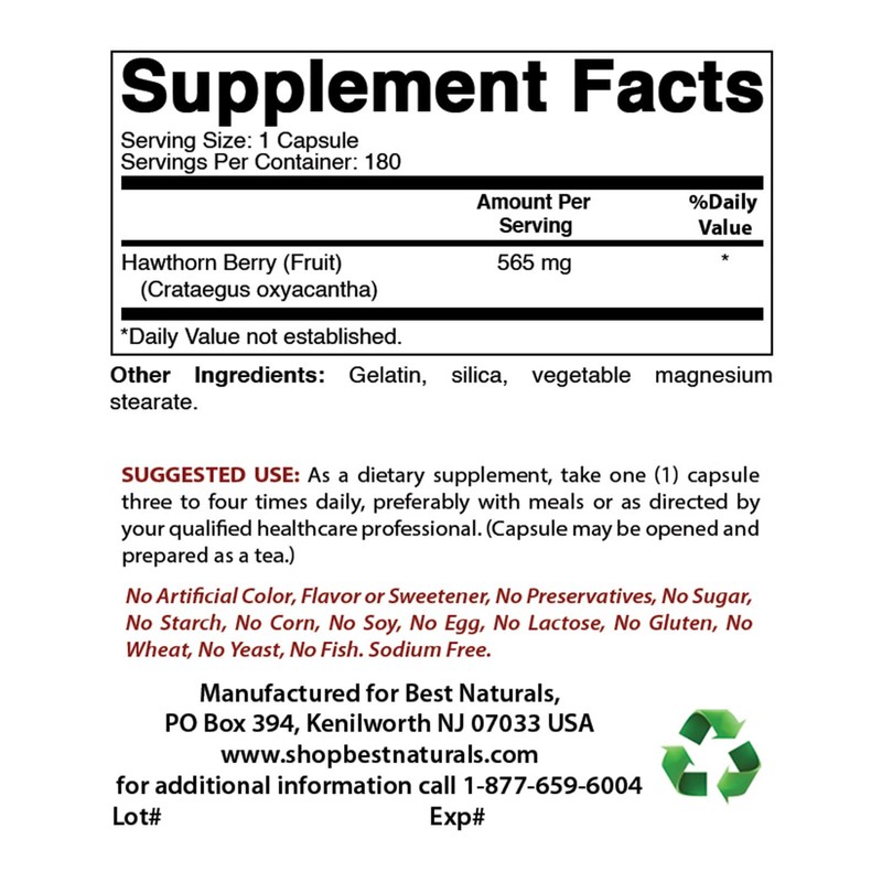 Best Naturals Hawthorn Berry 565 mg 180 Capsules (180 Count