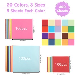 Origami Paper, 300 Sheets Folding Paper, Colourful, 20 x 20 cm & 15 x 15 & 10 x 10 cm Origami Paper, 70 g/m² Double-Sided Square Colourful Paper for DIY Craft Projects for Children and Adults (20