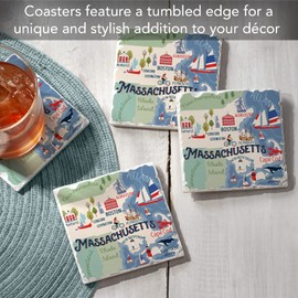 Thirstystone Massachusetts Attractions 4-Pack Tumbled Tile Stone Coasters with Protective Cork Backing 4" Square Manufactured in The USA Artistic Absorbent Easily Wipes Clean