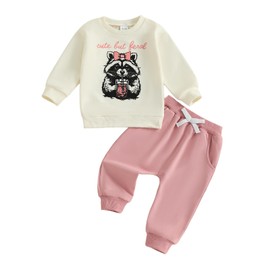 Baby Girl Fall Winter Outfit Infant Letter Print Long Sleeve Sweatshirt and Jogger Pants 6 12 18 24M 2T Girl Clothes (Raccoon Apricot, 0-6 Months)