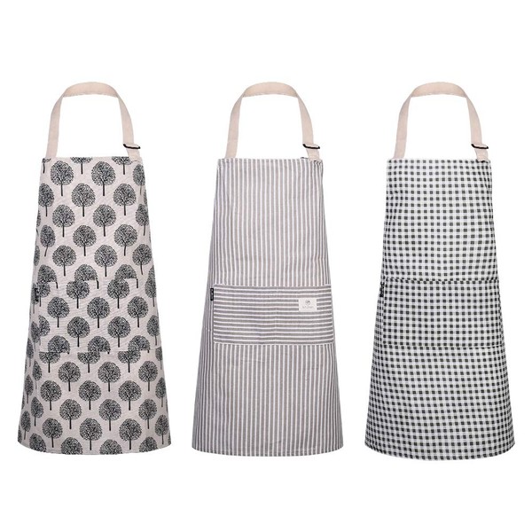 umorismo 3 Pack Women Aprons with Pockets Cotton Linen Cooking Apron Adjustable Kitchen Apron Soft Chef Apron for Kitchen Cooking Baking Household Cleaning