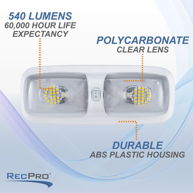 RecPro RV 12v LED Double Dome Lighting Fixture Includes Switch
