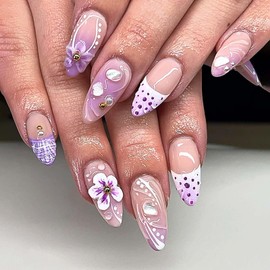 Lomxene Almond Press on Nails Medium Fake Nails purple Nail press ons with Polka Dots Designs Glue on Nails 3D Flower wave Acrylic Nails French Tip Press on Nails for Women 24Pcs(almond french purple)