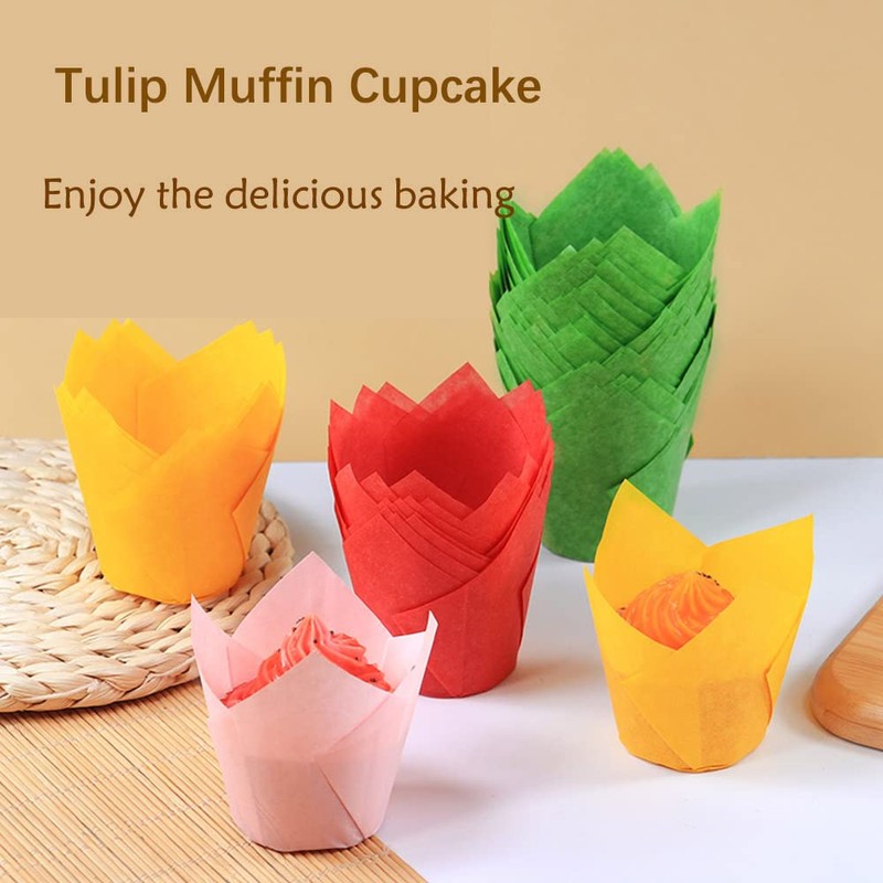 Xindtek Tulip Cupcake Liners 100-Count Baking Cups, Paper, Disposable, Green,