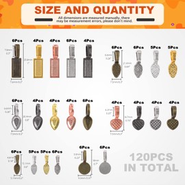 Tanstic 120Pcs Mixed Color Alloy Flat Pad Bails, Glue on Bails Tag Heart Tibetan Style Pendant Bails Spoon Oval Rectangle Heart Round Leaf Shape Jewelry Bails Charms for Jewelry Making (6 Styles)