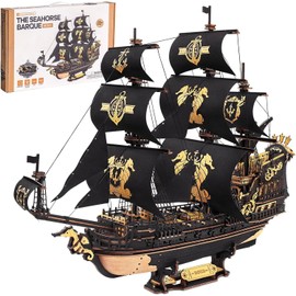 ROBOTIME Seahorse 3D Wooden Puzzles for Adults, Black Sailboat Model Kits for Boys and Men, Home Office Decor Gifts Pirate Ship Building (603 Pcs)