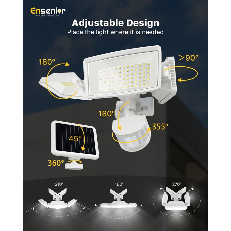 Ensenior 5 Motion Sensor Modes Solar Security Light, 1800LM 270°