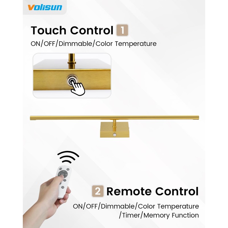 VOLISUN Battery Operated Wall Sconce Set of Two, Gold Rechargeable