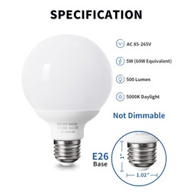 Pazetiv 8 Pack Daylight LED Globe Light Bulbs for Bathroom, 120V 60 watt Equivalent, E26 Medium Base, Non-Dimmable Vanity Light Bulbs Round, 5000K Bright G25 LED Bulb Over Mirror