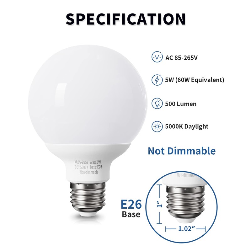 Pazetiv 8 Pack Daylight LED Globe Light Bulbs for Bathroom,