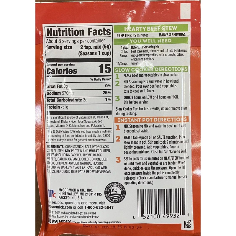 McCormick Slow Cooker HEARTY BEEF STEW Seasoning Mix Savory Herbs
