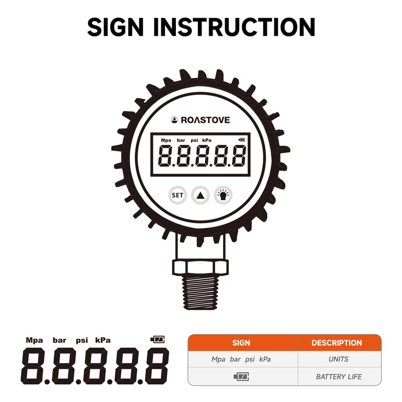 Roastove 3-1/8" Dial Size, Digital Pressure Gauge, 0-300psi/bar/Mpa/Kpa, 1/4" NPT