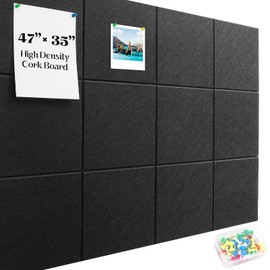 Large Cork Board Felt Wall Tiles, 48"x36" 12 Pack Alternative Cork Board for Walls Home Office, Cork Board Alternative with Removable Adhesive Tabs, Pin Boards for Walls, Black