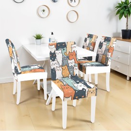 THISFIND Cute Cat Chair Covers for Dining Room – Stretch Cartoon Cat Print Chair Slipcovers for Kids Room, Kitchen, Party Decor – Removable Washable Chair Protectors for Pet-Friendly Homes，Set of 4