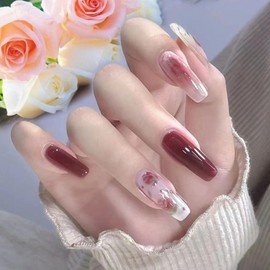 CAEEA Burgundy press-on square mid-length ballet shoes artificial acrylic false nails pink rose flower full coverage reusable coffin false nail glue nail stickers Valentine's Day birthday party03