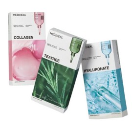 Mediheal Essential Sheet Mask Pack 3 types, 90 sheets (5 boxes of 10 tea tree sheets, 2 boxes of 10 collagen sheets, 2 boxes of 10 hyaluronic acid sheets) / 메디힐 에센셜 시트 마스크팩 3종 90매 (티트리 10매 5박스, 콜라겐 10매 2박스, 히알루론산 10매 2박스)