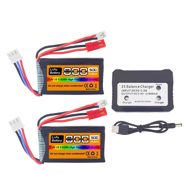 2PCS 7.4V LiPo 2S 50C 800mAh with JST and PH2.0 Plug with 2-in-1 Charger for SCX24 RC car Battery, Compatible with Most 1/10, 1/16, 1/18, 1/24 Scale RC car, Truck and RC Drone Batteries