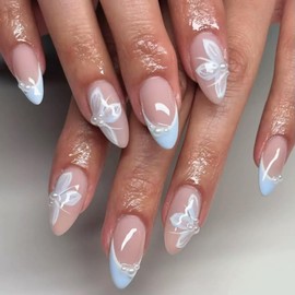 Medium Almond Press on Nails French Tip Fake Nails with Flower Pattern Design Glossy Full Cover Glue on Nails Blue Acrylic Nails Cute Stick on Nails for Women 24Pcs