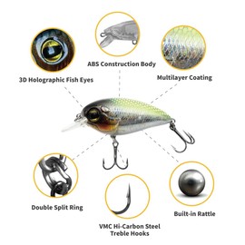 1ZU 3-Pack Fishing Lures with VMC Hooks, Crankbait Lures for Bass Perch Walleye Trout Pike, Floating Hard Baits, Fresh/Salt Water