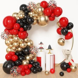 Amandir 153pcs Red Black Gold Balloon Garland Arch Kit, Different Sizes 18 12 10 5 inch Red Black Gold Latex Metallic Confetti Gold Balloons for Graduation Casino Theme Birthday Party Decoration
