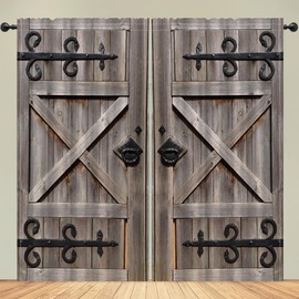 DOTOOMA 82 x 84 Inches Western Vintage Barn Door Window Curtain Brown Wooden Bedroom Rustic European Window Decorations Polyester Drapes 2 Panel
