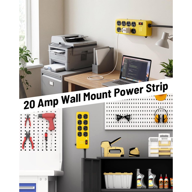 KeBen 20A Heavy Duty Power Strip Surge Protector,Yellow,12 Gauge,8AC/10FT