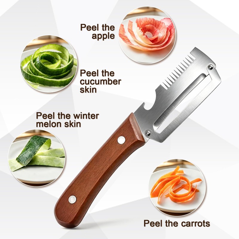 Vegetable Peeler with Wooden Handle, 3-in-1 Stainless Steel Julienne Peelers