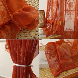 apott Orange Lace Sheer Curtains 2 Panels Floral Net Curtains for Bedroom Embroidered Vintage Voile Drapes for Windows Living Room Rod Pocket, 55x79 Inch