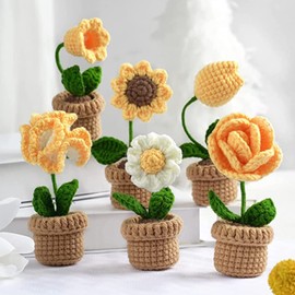 Crochet Potted Kit for Beginners, DIY Complete Potted Flowers Knitting Kit, Crochet Hooks Potted Plants Crafts Kit, Flowers Crocheting Knitting Tools for for Home Bedroom Living Room (Yellow)