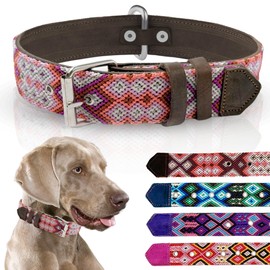 Leather Dog Collar - Aztec, Western, Embroidered, Handmade, Boy Girl, Blue Pink Brown Purple, Small Medium and Large Dogs, Cute, Collar para Perros (Autumn Dawn Brown, Medium)