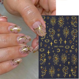 2 Sheets Silver Star Nail Stickers for Nail Art 3D Self-Adhesive Gold Moon Nail Art Stickers with Diamond Embossed Sun Stars Nail Decals Gold Silver Nail Design Sticker for Women DIY Manicure