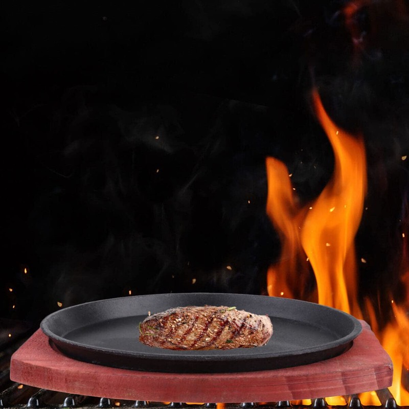 DOITOOL Nonstick Sizzling Steak Plate with Wooden Base Cast Iron