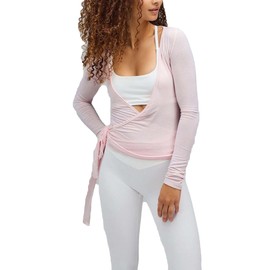 JEAAMKSSER Ballet Tie Wrap Top for Women Long Sleeve Cover Up Yoga Pilates Workout Warp Shirts # Pink L