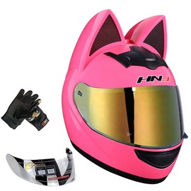 Cat Ear Motorcycle Helmet Full Helmet Youth Men and Women Racing Motocross Casco (Large, Pink)