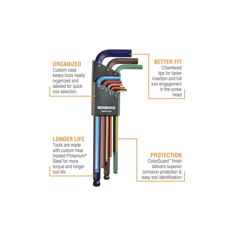 Bondhus 69499 Ball End L-Wrench Set with ColorGuard Finish, 9