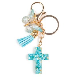 Teal Cross Charm Keychain - Colorful Resin Butterfly Cross Bag Charm - Smooth Lobster Clasp & Ring for Car Keys or Purse - Stylish & Inspirational Keychain - Luxury Christian Gifts For Women