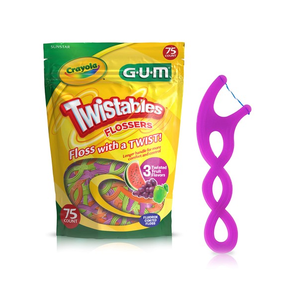 GUM Twistables Kids Flossers with Fluoride - Designed for Little Hands - Three Fun Fruit Flavors - Easy to Use Kids Floss Picks for Children Ages 3+, 75 Count