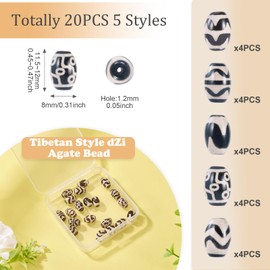 Boutigem 20Pcs 5 Styles Oval Barrel Tibetan Style Dzi Beads Wave Eye Pattern Drum Natural Agate Beads Barrel Drum Gemstone Bead for DIY Rosary Prayer Bracelets Earrings Jewelry Making