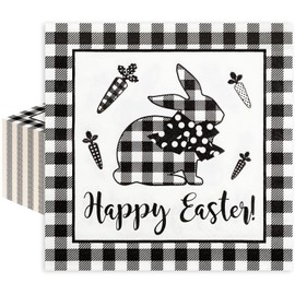 Whaline 80 Pack Easter Farmhouse Napkins 6.5 x 6.5 Inch White Black Plaid Rabbit Luncheon Napkins Happy Easter Disposable Paper Dinner Napkins for Spring Easter Party Supplies Table Decorations