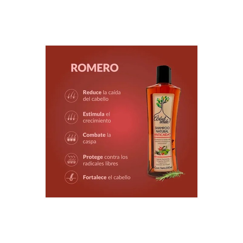 Shampoo Natural Anticaída Árbol Verde Mini 200ml De Romero